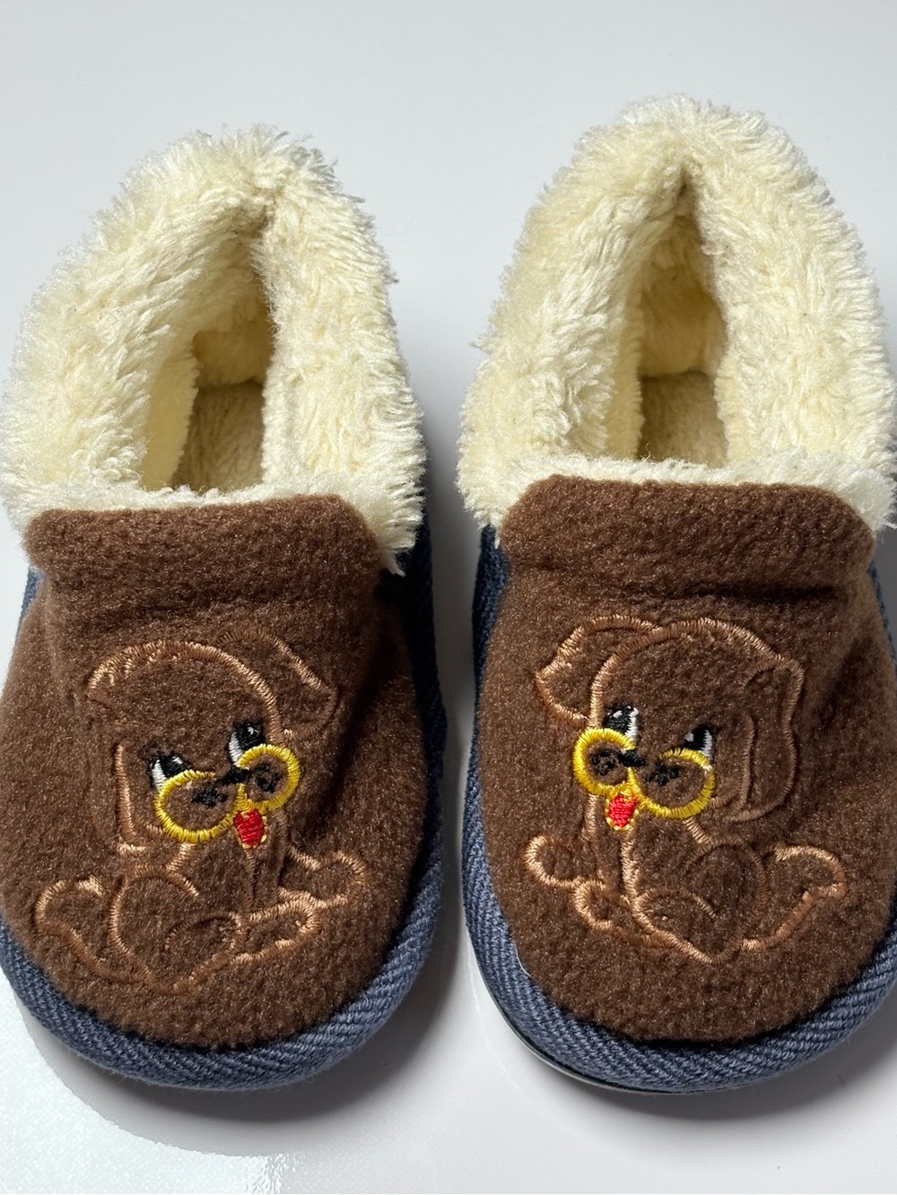 Puppy Dog Faux Fur Slippers Brown Vintage Retro Style Size 4-5 Navy Blue